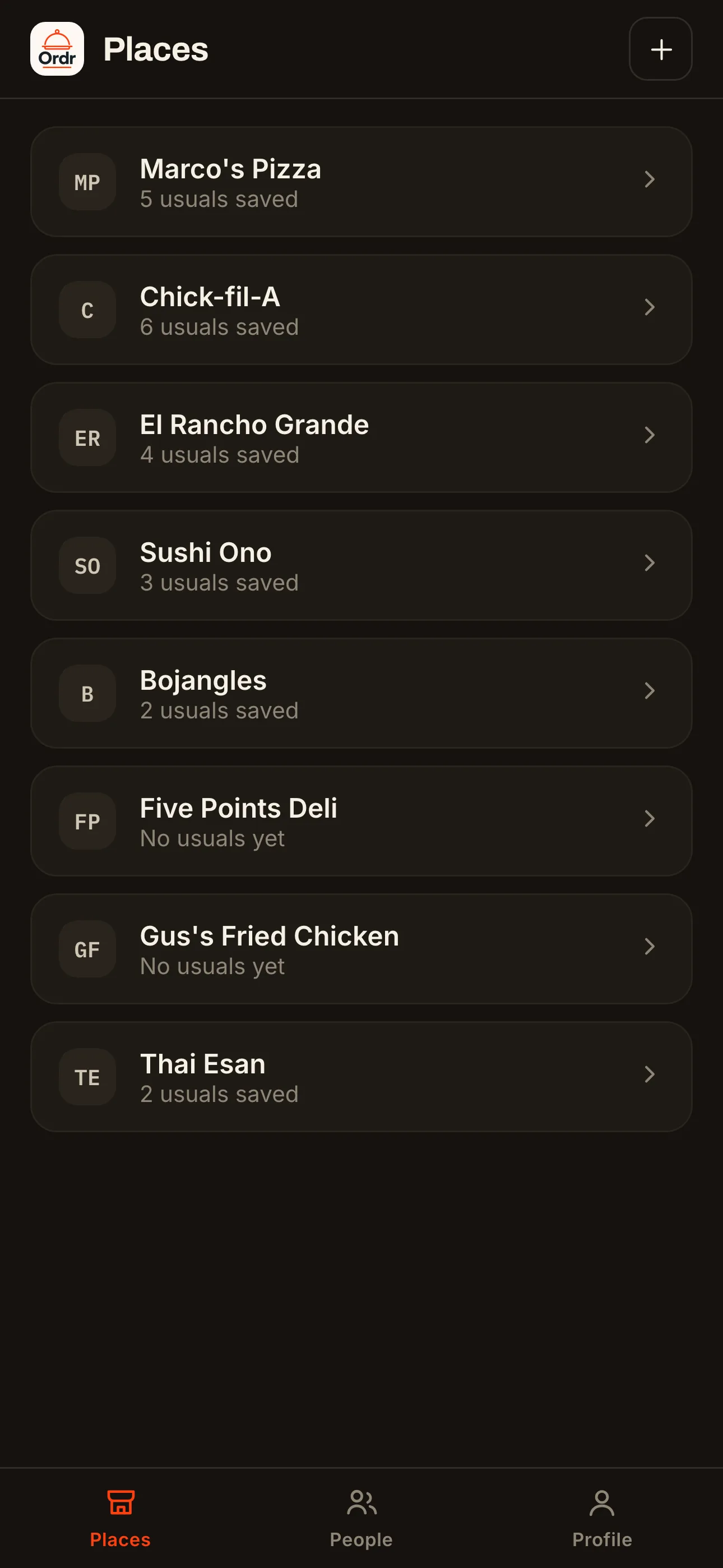 The Ordr places list showing eight restaurants with how many usuals are saved at each