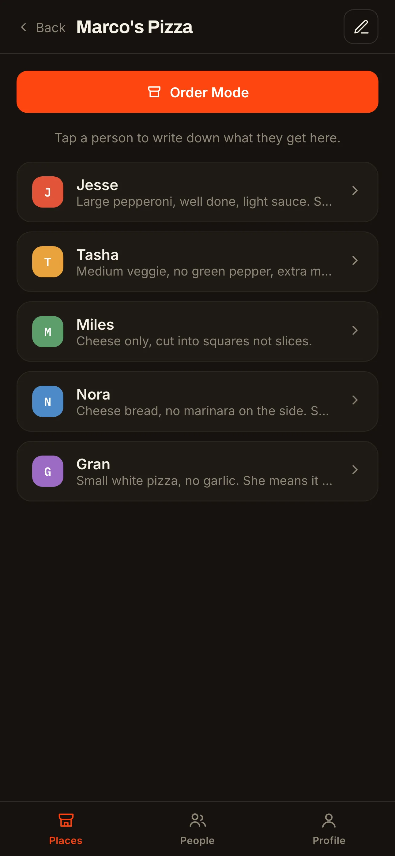 Marco's Pizza with a saved usual for each of five household members